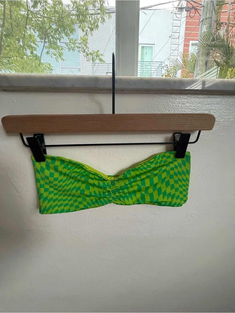 Frankie's Bikinis Neon Green Check Bandeau Bikini